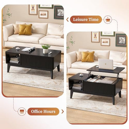 LYNCOHOME Fluted Coffee Table with Hidden Compartment, Wood Lift Top Coffee Tables, Modern Center Table for Living Room, Home Office, Black - color: Black, size: 18.9''D x 37.4''W x 16.2''H