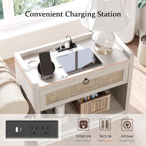 31" Wide Rattan Nightstand with Charging Station, End Side Table | Drawer & Open Shelf, Extra Large Night Stand, Farmhouse, Boho, Wood Bedside Table for Bedroom,Living Room,Office - color: White Cream Oak