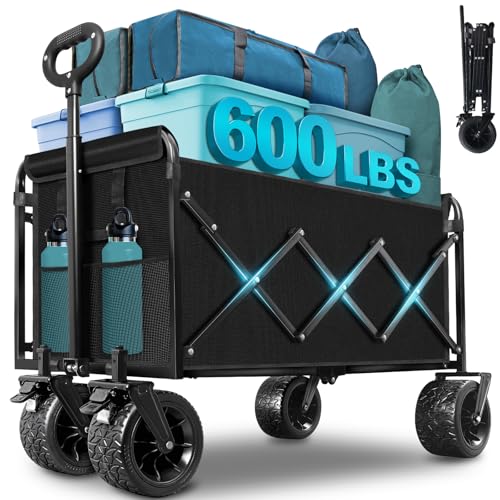 Beach Wagon with Big Wheels for Sand: 600LBS All Terrain Collapsible Beach Cart Foldable - Portable Heavy Duty Folding Utility Wagon Cart for Groceries Shopping Outdoor Camping Sports - color: Black-600bl