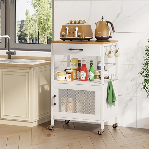 Homeiju Kitchen Island Cart, Kitchen Storage Cart with Drawer, Microwaves Stand, Coffee Cart, Rolling Kitchen Cabinet Cart with Hooks for Kitchen, Dining Room, White - color: White