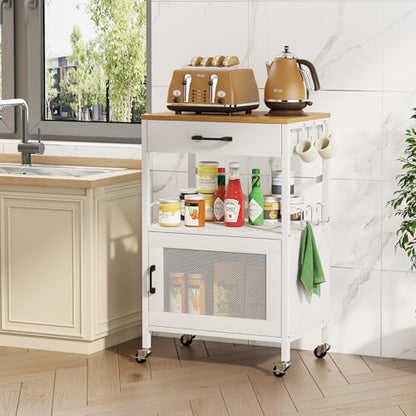Homeiju Kitchen Island Cart, Kitchen Storage Cart with Drawer, Microwaves Stand, Coffee Cart, Rolling Kitchen Cabinet Cart with Hooks for Kitchen, Dining Room, White - color: White