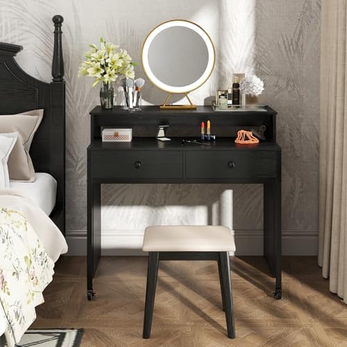 Giantex Small Computer Desk with Hutch & Drawers, Extendable Writing Desk w/Pull Out Secondary Table, Monitor Stand & Rolling Wheels, Console Table, Compact Desk for Small Spaces, Home Office (Black) - color: Black