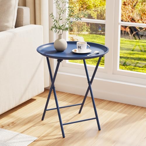 Garden 4 you Folding TV Tray Table, Metal Round Side Table, Blue Dinner Table with Metal Frame, Modern Outdoor Tray Table for Living Room, Bedroom, Patio & Small Spaces, 1 Pack - color: Blue, size: 1 PC