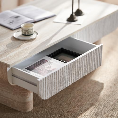 46.85" Faux Marble Coffee Table with Drawer Faux Travertine Pattern Rectangular Coffee Table for Living Room Wood Center Table Accent Tea Table for Apartment Office, Mars Pattern - color: Faux Marble-rectangular-46.85inch