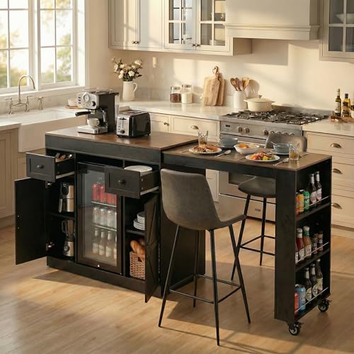 ARTETHYS 48’’- 80’’ Extendable Kitchen Island with Fridge Storage, White | Expanded Kitchen Counter with Compartment & Drawers, Sideboard Buffet Table with Cabinet and Side Rack for Kitchen - color: Black