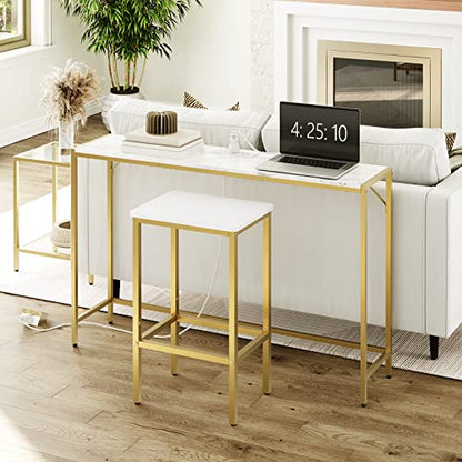 MAHANCRIS Console Table, Narrow Sofa Table, 43.7” Entrance Table with Power Station, Behind Couch Table, Simple Style, for Living Room, Hallway, Entryway, Foyer, Marble and Gold CTJM112E01 - color: Marble, Gold