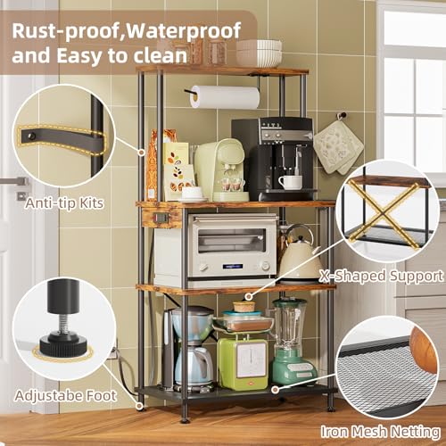 Superlele 4 Tier Baker's Rack with Charging Station, Kitchen Coffee Bar Table with Power Outlets & Paper Towel Holder, 23.6x13x49.2'' Industrial Standing Microwave Shelf for Small Spaces, Rustic Brown - color: Brown, size: 23.6x13x49.2''(with Power Outlet