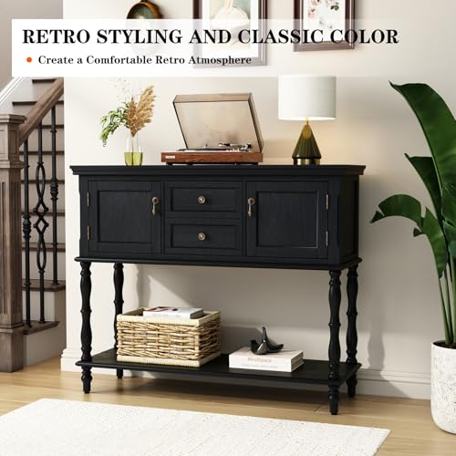 ARTPOWER Console Table with 2 Drawers, Retro Entryway Table with 2 Door Cabinets and Open Storage Shelf, Narrow Long Behind Couch Sofa Table for Living Room, Foyer, Hallway, Black - color: Black