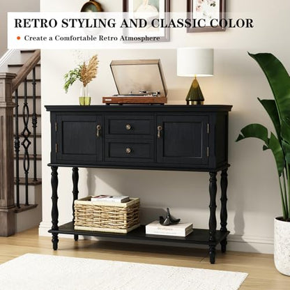 ARTPOWER Console Table with 2 Drawers, Retro Entryway Table with 2 Door Cabinets and Open Storage Shelf, Narrow Long Behind Couch Sofa Table for Living Room, Foyer, Hallway, Black - color: Black