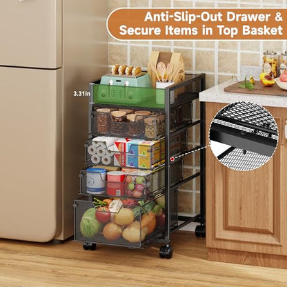 5-Tier Kitchen Utility Storage Cart with Adjustable Wood Top (Tabletop or Basket), Fruit Vegetable Storage Rack with Wheels & Drawers, Metal Rolling Pantry Cart, Kitchen Organizer for Snack Can Potato - size: 5-Tier Top Adjustable