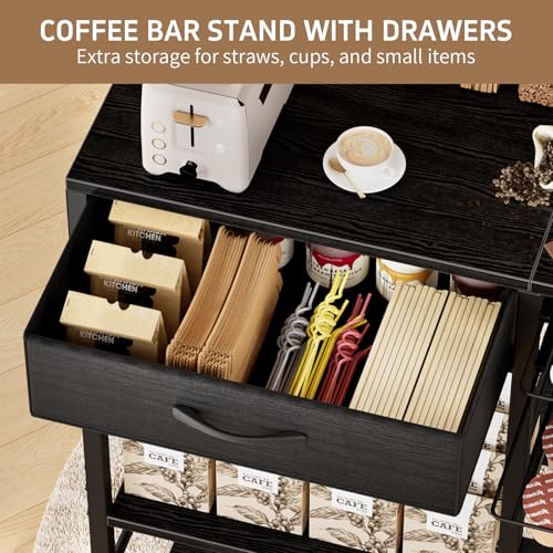 Coffee Bar with Integrated Storage,5-Tier Coffee Bar Cabinet with Drawers,Kitchen Coffee Bar Table with 2-Layer Capsule Drawer,for Living Room and Corner Kitchen Bar Table,Black