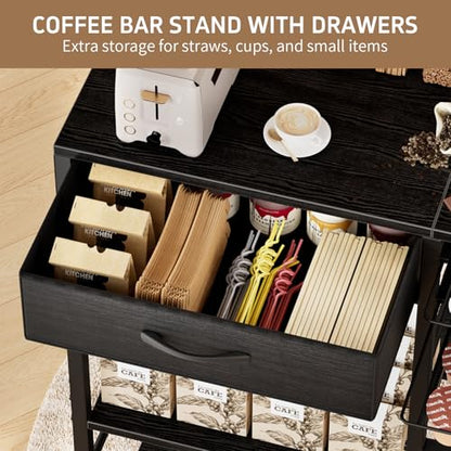 Coffee Bar with Integrated Storage,5-Tier Coffee Bar Cabinet with Drawers,Kitchen Coffee Bar Table with 2-Layer Capsule Drawer,for Living Room and Corner Kitchen Bar Table,Black