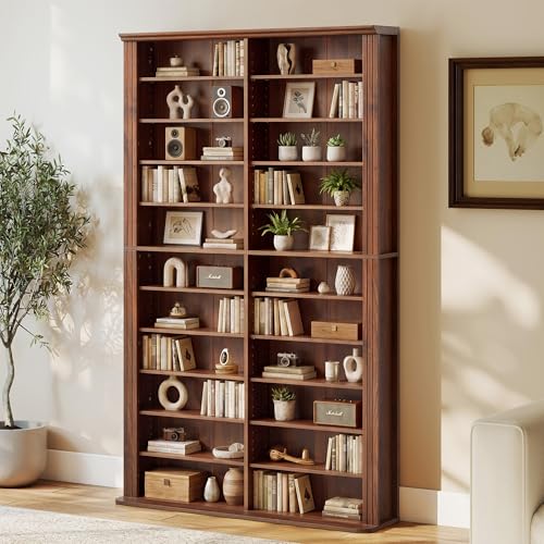 LEVNARY 71" Media Storage Tower, 22-Compartment Multimedia Cabinet with Adjustable Shelves, Fluted Grooved Sides, Anti-Tip Kit, for Movies, Games and Books (Walnut) - color: Walnut