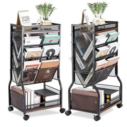 8-Tier Rolling Book Cart with Lockable Wheels, Double-Sided Storage Bookshelf for Narrow Spaces, Mobile Organizer Cart for Office, Library and Home
