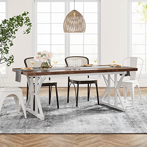 Tribesigns Farmhouse Dining Table for 6 People, 70.8-Inch Rectangular Wood Dining Table, Rustic Kitchen Table with Heavy Duty Metal Legs for Dining Room (Brown/White) - color: Brown/White
