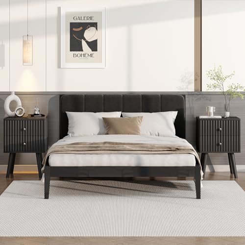 Wooden Nightstand with 2 Drawers, Fluted Night Stand Set of 2, Morden Side Table for Bedroom, Living Room and Small Space, Black