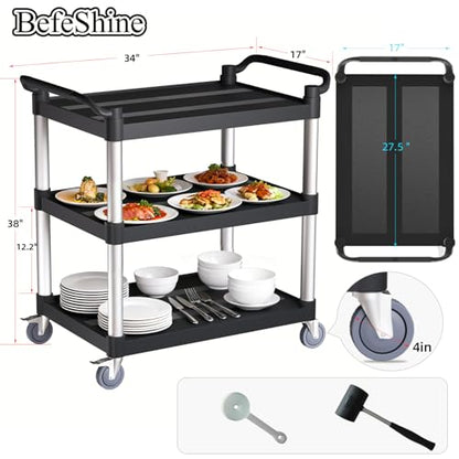 Utility Cart with Tangle-Free Wheels, 3 Tier Rolling Cart, Restaurant Cart | 2 with Brakes, Heavy Duty 350 Lbs Capacity,Commercial Serving Cart for Home, Office, Restaurant, Warehouse. - size: 34"×17"×38" M
