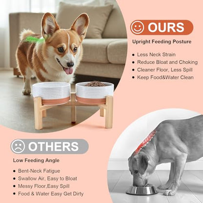 SPUNKYJUNKY Elevated Dog Bowls Ceramic, 6.1'' Dogs and Cat Food Water Bowls Raised with Non-Slip Bamboo Stand for Medium Sized Breed Microwave Dishwasher Safe - 28.7 OZ,Pattern White - color: Pattern White, size: 6.1 in - 3.6 cups