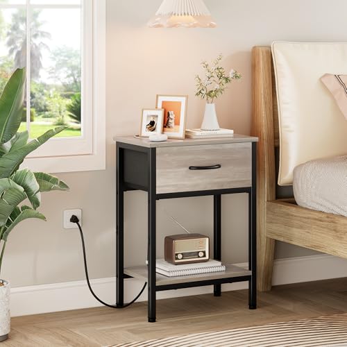 Vagusicc Nightstand Set of 2 with Charging Station, Bed Side Table with Fabric Drawer, Small End Table with 2-Tier Storage Shelves, 25.4" Tall Night Stand Bedside Table for Bedroom Living Room, Greige - color: Greige (2 Pack)