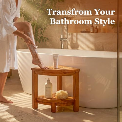 HOMESTEAD Teak Shower Stool with 2 Tier Storage Shelf, Compact Corner Shower Bench for Inside Shower, Bathroom Seat with Soap Holder, Shower Foot Rest and Shower Stool for Shaving Legs
