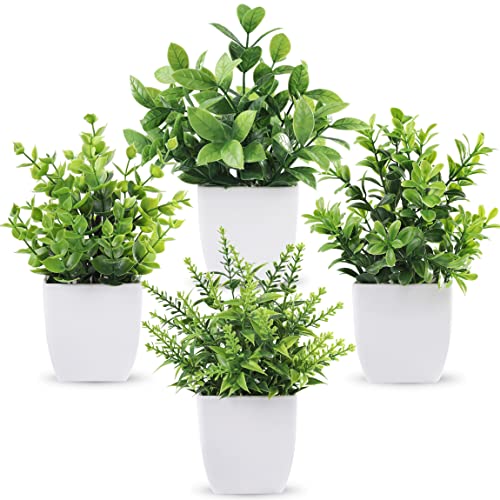 Der Rose 4 Pack Fake Plants, Greenery Potted Plants for Home Decor Indoor | Unique artificial plants, no-care potted greenery, for desk table windowsill bathroom office farmhouse and classroom decor - color: Green