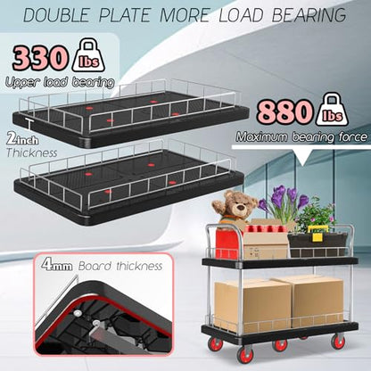 Utility Service Cart 2 Shelf - 880lbs Capacity Heavy-Duty Plastic Rolling Utility Carts with 5 of 360° Swivel Wheels and Handle, Large Service Cart for Groceries, Warehouse,Garage 43.5''x25.6'' - color: 880lbs Capacity