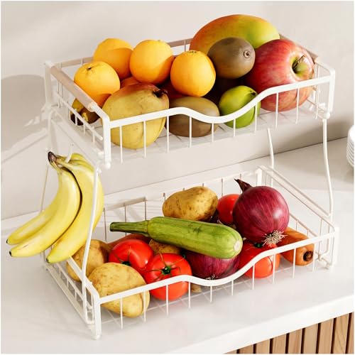 2 Tier Fruit Basket for Kitchen Countertop with 2 Banana Hangers,Detachable Metal Fruit Bowl with Wooden Handles and Protective Pads,Large Capacity Fruit and Vegetable Basket Organizer,White - color: White, size: 2 Tier