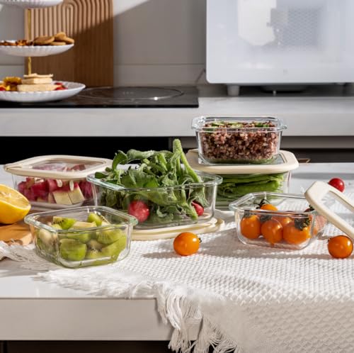 Urban Green Glass Food Storage Containers with Glass Lids, Microwave Safe Food Container Set, Airtight Meal Prep Containers, LeakProof, 100% Plastic Free, 6 Pack - color: ‎Ivory White -6p