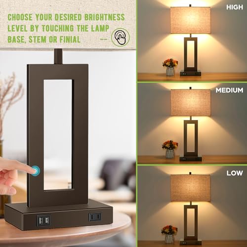 TOBUSA 28’’ Tall Brown Lamps for Living Rooms Set of 2, Modern Touch Control Table Lamps for Bedroom, 3 Way Dimmable Bedside Lamps with 2 USB Ports&AC Outlet, High-end Decor Lamp for Home Office | 3 Way Dimmable, Touch Control, Fabric Cream Shade, Large D