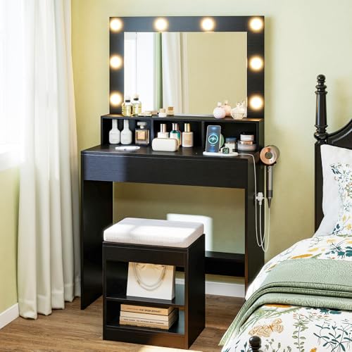 CHARMAID Vanity Desk with Mirror and Lights, Black Makeup Vanity Set with Charging Station, Large Drawer & Shelves, Cushioned Stool with Storage, Modern Dressing Table for Bedroom Small Space - color: Black, size: 31.5"W (With Stool)