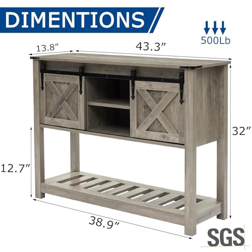 Grey Farmhouse Entryway Table, Rustic Hallway Table with Storage Shelf, Sofa Table with Sliding Barn Doors for Hallway, Entryway, Living Room, Foyer - color: Grey