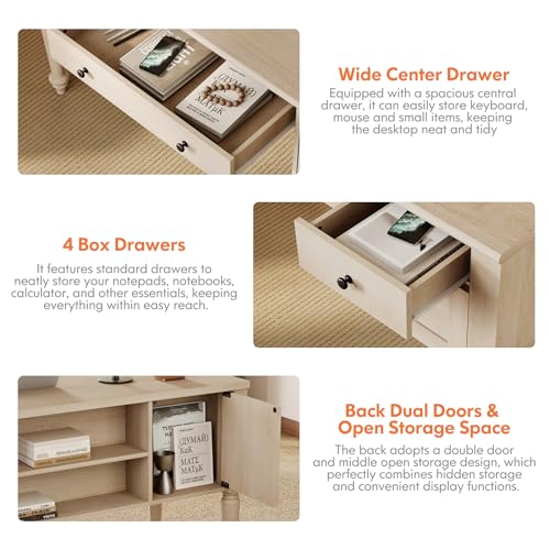 WAMAPT Elegant Executive Desk with Storage, Farmhouse Writing Desk with Charging Station, Wood Home Office Desk with Drawer, Cabinet & Shelf for Study, 56 Inch, Beige - color: Beige
