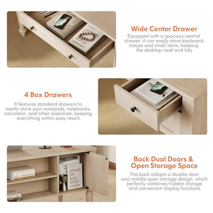 WAMAPT Elegant Executive Desk with Storage, Farmhouse Writing Desk with Charging Station, Wood Home Office Desk with Drawer, Cabinet & Shelf for Study, 56 Inch, Beige - color: Beige