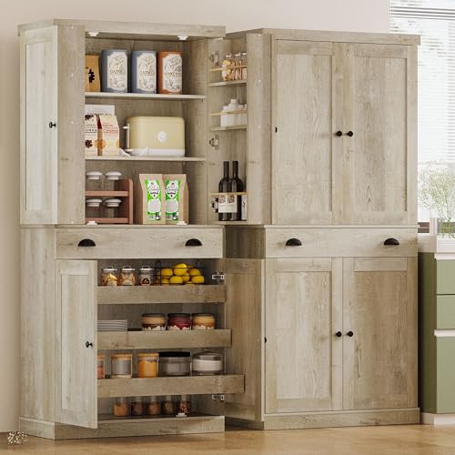 IRONCK Kitchen Pantry Cabinet 72" Height, Freestanding Cupboard with Drawer, Sliding Storage Rack, and 6 Hanging Shelves for Dining Room, Laundry, Rustic Maple - color: Rustic Maple