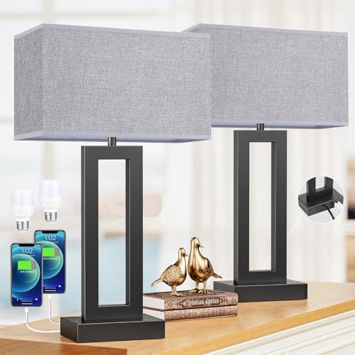 Seealle 22" Tall Living Room Lamps for Night Stands - Touch Bedside Lamp with USB C+A, 3 Way Dimmable Bedroom Lamps for End Tables Set of 2, Modern Night Stand Lamps for Bed Side(Grey&Black) - color: B. Grey&Black, size: Large(22in)