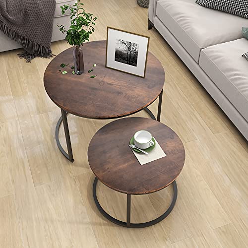 HOJINLINERO Round Coffee Table,Nesting Coffee Table Set of 2,Rustic Brown | Center Table for Living Room,Small Apartment,Small Space,Stacking Side Tables,Wood Tabletop,Sturdy and Easy Assembly,Large - color: Brown, size: Large