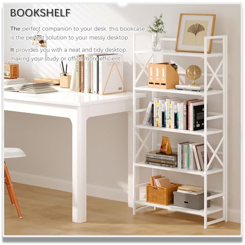 4NM 5 Tiers No Assembly Book Shelves, 51.2" H Folding Bookshelf Bookcase Open Industrial Foldable Shelves for Bedroom, Living Room, Home Office - All White - color: All White, size: XX 5-Tier