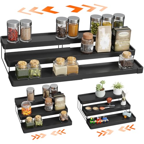 Expandable Spice Rack Organizer - 3 Tier Adjustable Spice Organizer for Cabinet & Countertop - Easy Visibility - Black - color: Black, size: 1 Pack