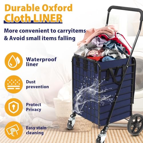 Kiffler Foldable Shopping Cart with Waterproof Basket Liner & 360° Swivel Wheels | Collapsible, Lightweight | Perfect for Groceries, Laundry, Max 100 LBS Utility Cart for Seniors, Apartments - size: Medium+Blue Bag