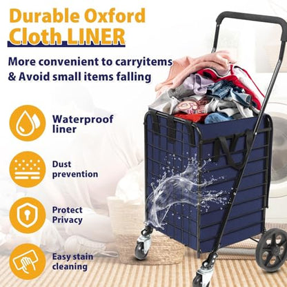Kiffler Foldable Shopping Cart with Waterproof Basket Liner & 360° Swivel Wheels | Collapsible, Lightweight | Perfect for Groceries, Laundry, Max 100 LBS Utility Cart for Seniors, Apartments - size: Medium+Blue Bag