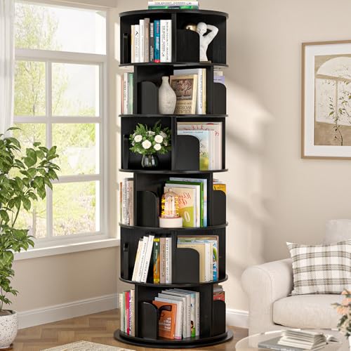 Aheaplus 6 Tier Rotating Bookshelf, Wood Spinning Bookshelf Tower, Round Revolving 360 Bookcase, Narrow Turning Book Shelf Rolling Corner Organizer for Small Space, Bedroom, Office, Black - color: Black, size: 6-Tier