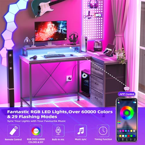 Patikuin L Shaped Desk with Power Outlets & LED Lights, Computer Desk with Drawers & Shelves, Corner Desk Gaming Desk Home Office Desk, Oak - color: Oak