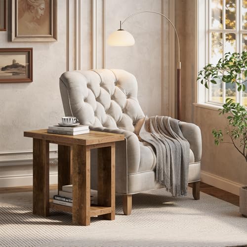 LITTLE TREE 2 Tier Side Table with Storage Shelf, Rustic Wood End Table, Narrow Nightstand Bedside Table for Living Room, Bedroom, Small Spaces, Rustic Brown, 15.75" D x 27.56" W x 25.2" H - color: Rustic Brown