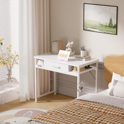 Pamray 32 Inch Small Computer Desk with Drawers for Bedroom Small Spaces | Compact, Sturdy, Easy Assembly, Mini, Suitable for Dorm and Apartment, Study and Writing - color: White