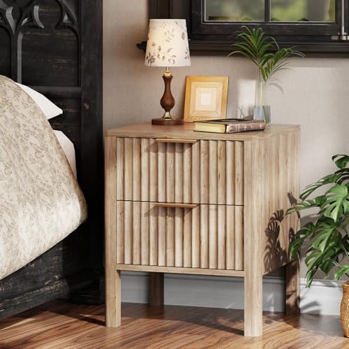 MODNEST 18" Fluted Nightstands Set of 2, Bed Side Tables Oak | Mid Century Modern Night Stand with Drawers for Bedroom Wood Nightstand Small End Table Bedroom Set - color: Oak, size: 15.7"D x 17.7"W x 20.7"H (2 Drawers)