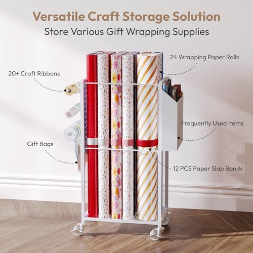 Wrapping Paper Storage Cart Station with 12PCS Slap Bands | Rolling Gift Wrap Storage Organizer, Vertical Wrapping Paper Cart, Ribbon Holder Rack, Craft Organizers and Storage Christmas