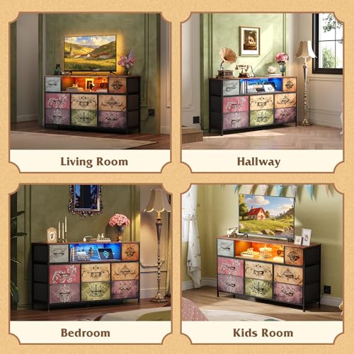 WLIVE Dresser TV Stand for 45, 50, 55 inch TV, Entertainment Center with LED Lights & Charging Station, Chest of Drawers with 8 Fabric Drawers and Open Shelves for Living Room, Hallway, Pattern - color: Pattern
