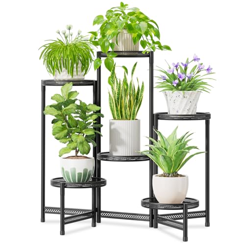 iDavosic.ly 6 Tier Large Plant Stand Indoor with 10-Inch Wide Drainage Tray, Tiered Corner Metal Outdoor Flower Display Holder Shelf, Folding Tall Rack for Patio Porch Balcony, Black Iron Carving - color: Black Openwork (with Drainage), size: 6 Tiers