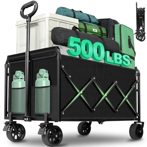 Collapsible Wagons Carts Foldable Heavy Duty, 500LBS Collapsible Wagon Cart Foldable with Wheels & Brakes, Large Folding Wagon Cart Utility for Camping, Picnic, Beach, Grocery, Sport, Shopping - color: Dark Black