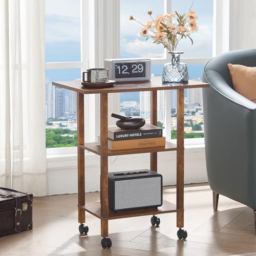 YUFAM 3 Tier Home Printer Stand with Storage, Brown | Wooden Mobile Printer Table Shelf, Rolling Printer Cart Shelf with Lockable Wheels fit Fax Machine, Scanner - color: Brown, size: 15.75"D×23.65"W×25.7"H